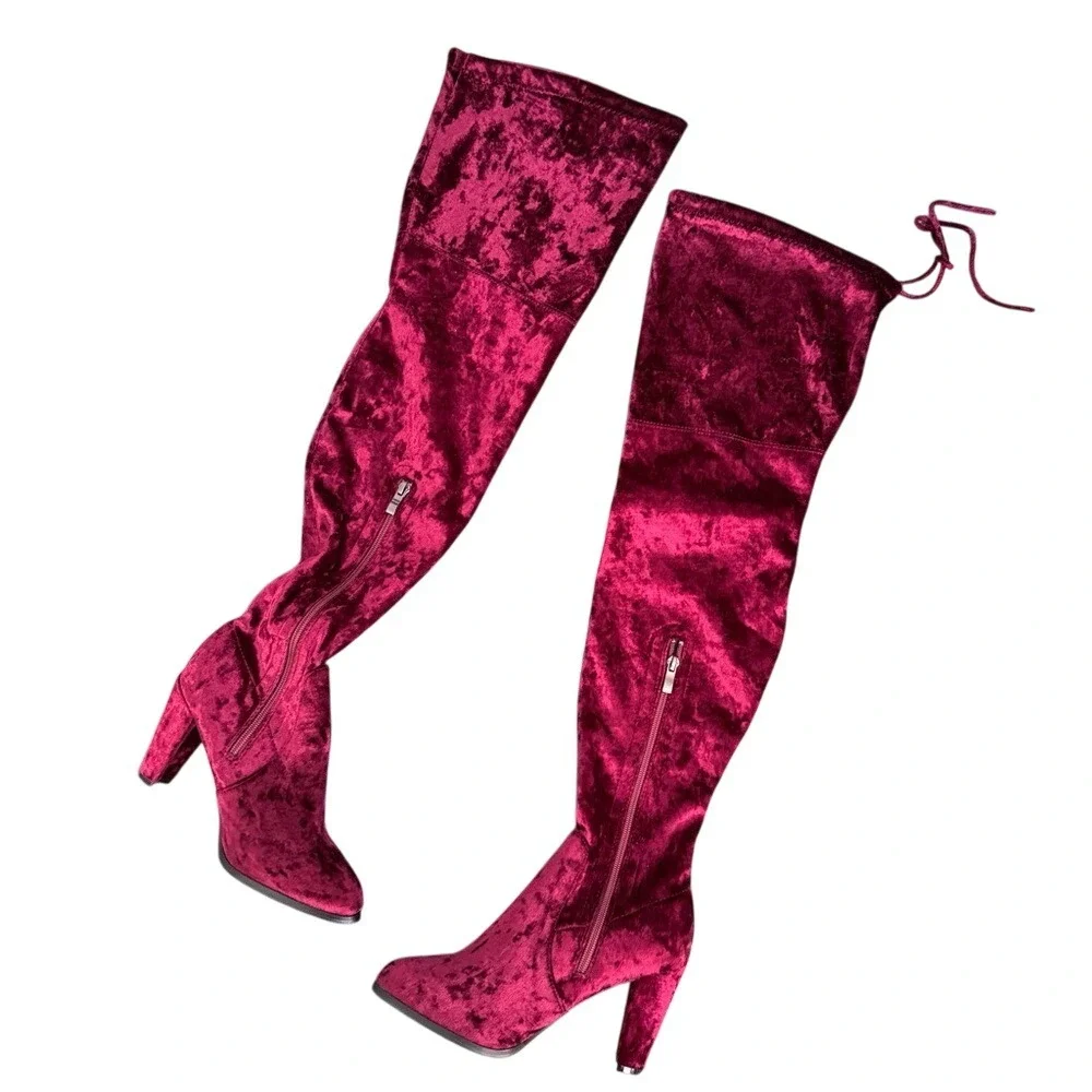 Catherine Malandrino Over‎ The Knee Velvet Boots Burgundy Tie Back Heeled 7.5